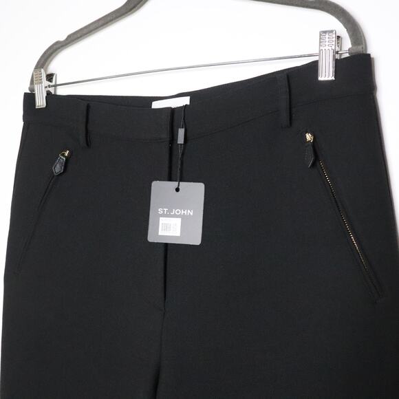 ST JOHN NEW High Rise Zipped Pocket Trousers Tapered Ponte Knit BlackWomen's 12 - Picture 2 of 9